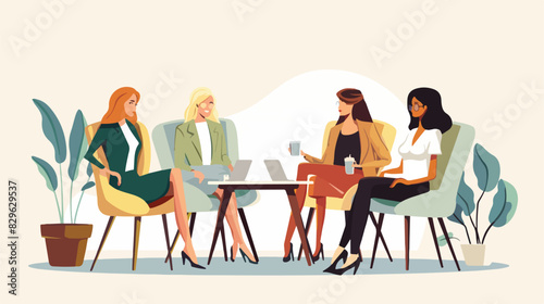 Young businesswomen sitting in armchairs at table ind