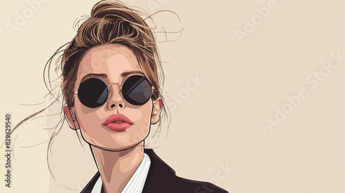 Young businesswoman in stylish sunglasses on light background