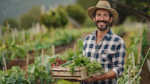 Man farmer with vegetables in the field. Selective focus. photo