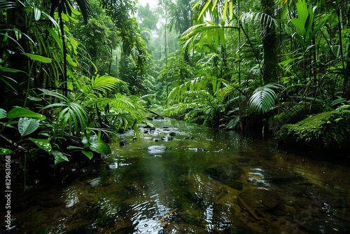 A rainforest with a hidden micro-hydro power system in a stream