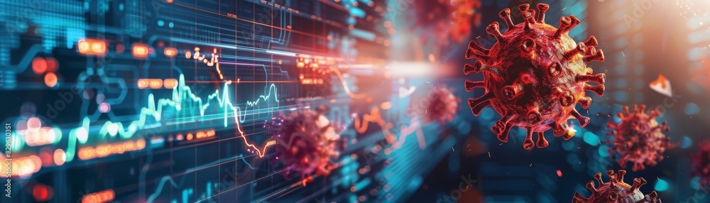 Visual representation of virus impact on financial markets with data analysis and graphs. Digital interface displaying pandemic economic disruption. Visual representation of virus impact on financial markets with data analysis and graphs. Digital interface displaying pandemic economic disruption.