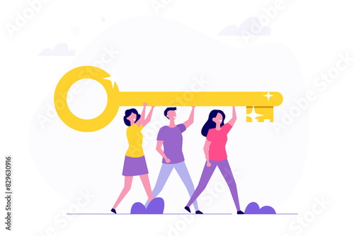 Teamwork holding key, Key to success, team solve problem concept. Vector illustration.