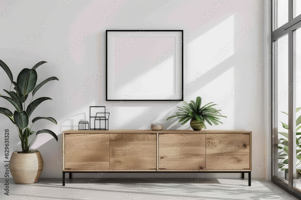 A blank mockup with a wood frame hangs on an off-white wall in a sunlit living room, offering a versatile and customizable space.. Beautiful simple AI generated image in 4K, unique. A blank mockup with a wood frame hangs on an off-white wall in a sunlit living room, offering a versatile and customizable space.. Beautiful simple AI generated image in 4K, unique.