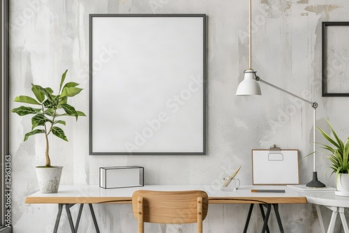 White Mockup poster blank frame on a pastel-colored wall with minimalistic furniture. Beautiful simple AI generated image in 4K, unique.