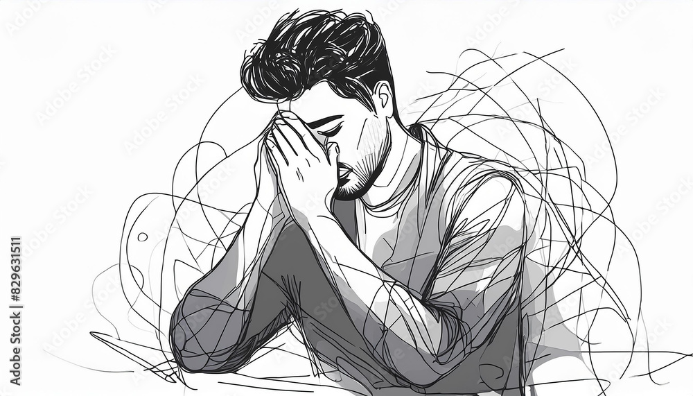 Abstract line art of sad guy covering face with hands. Unhappy person. Depression and mental issues Abstract line art of sad guy covering face with hands. Unhappy person. Depression and mental issues