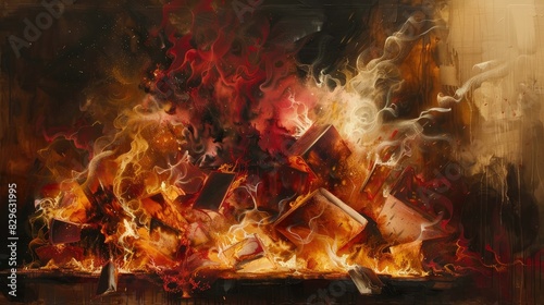 Flames engulfing abstract objects