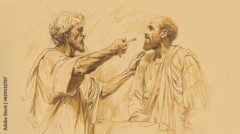 Fototapeta premium Biblical Illustration: Healing of Centurion's Servant, Jesus' Miracle, Faithful Centurion, Beige Background, Copyspace