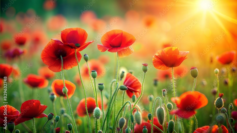 Fototapeta premium Poppy Field Blur: A red and green blurred background featuring the striking beauty of a poppy field in summer. 