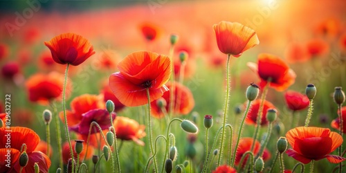 Poppy Field Blur: A red and green blurred background featuring the striking beauty of a poppy field in summer.
