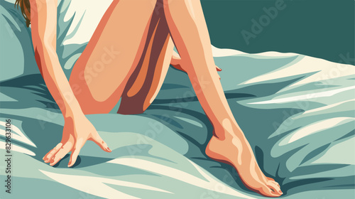 Young woman epilating her legs on bed closeup Cartoon photo