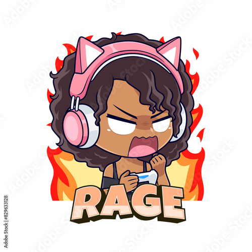 Cute angry african american gamer girl cartoon logo mascot