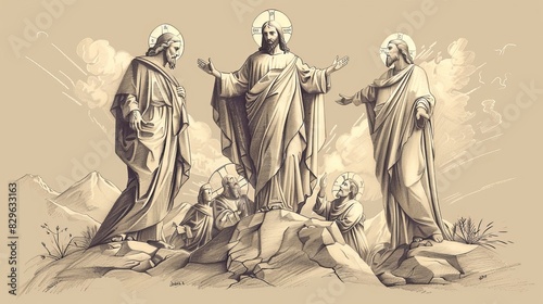 Biblical Illustration: Transfiguration of Jesus, Mountaintop Scene, Moses and Elijah, Disciples in Awe, Beige Background, Copyspace