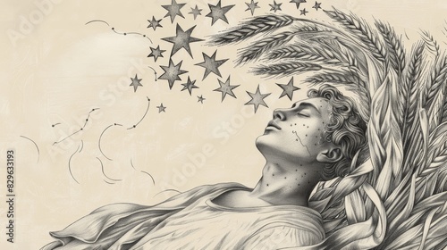 Biblical Illustration: Joseph's Prophetic Dream, Wheat Sheaves and Stars, Brothers Jealous, Beige Background, Copyspace photo