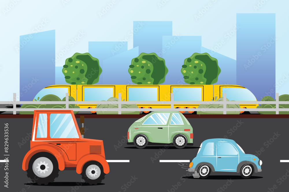 City illustration with cars, tractor and yellow train driving by high buildings, bushes, and trees.