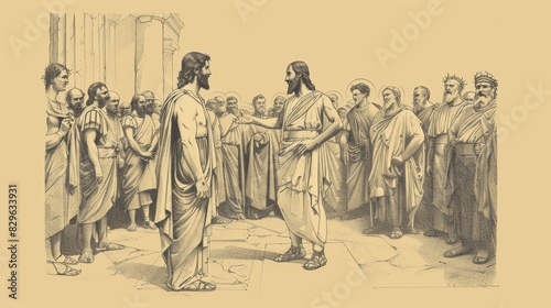 Biblical Illustration  Jesus on Trial Before Pilate  Angry Crowd  Demand for Crucifixion  Beige Background  Copyspace