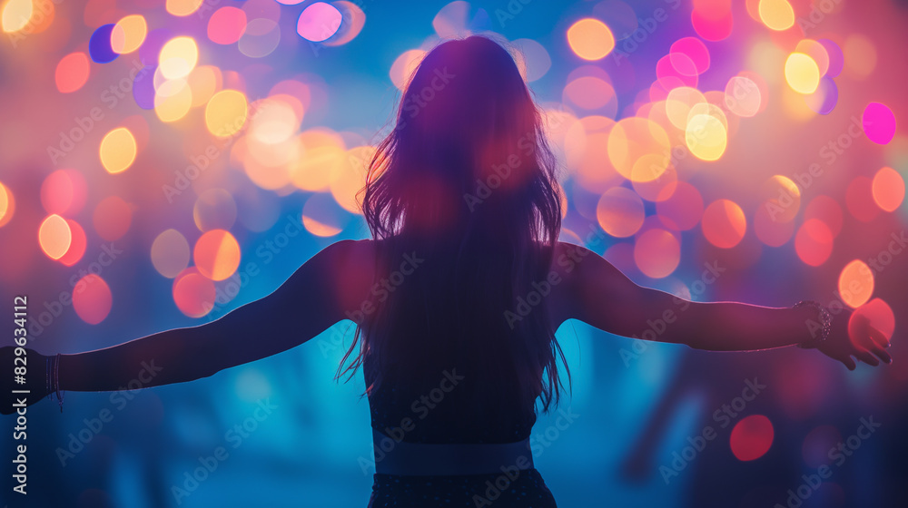 Image of people dancing in a nightclub with colorful lights and bokeh effect in the background. Image of people dancing in a nightclub with colorful lights and bokeh effect in the background.