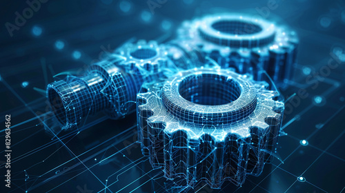 A vector wireframe of gears on a dark blue background. Symbolizes mechanical technology, machine engineering, project development, engine mechanics, and business planning illustration.