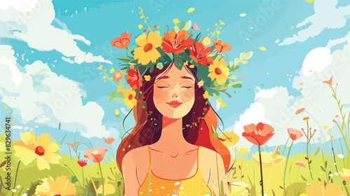 Young woman wearing wreath made of beautiful flowers