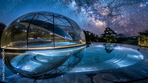 A pool with a futuristic glass dome, allowing stargazing while swimming at night © aisha