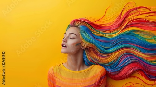 Women's hair is splashed with color. Rainbow ups long hair. Beautiful young model with glowing healthy skin on a yellow background.