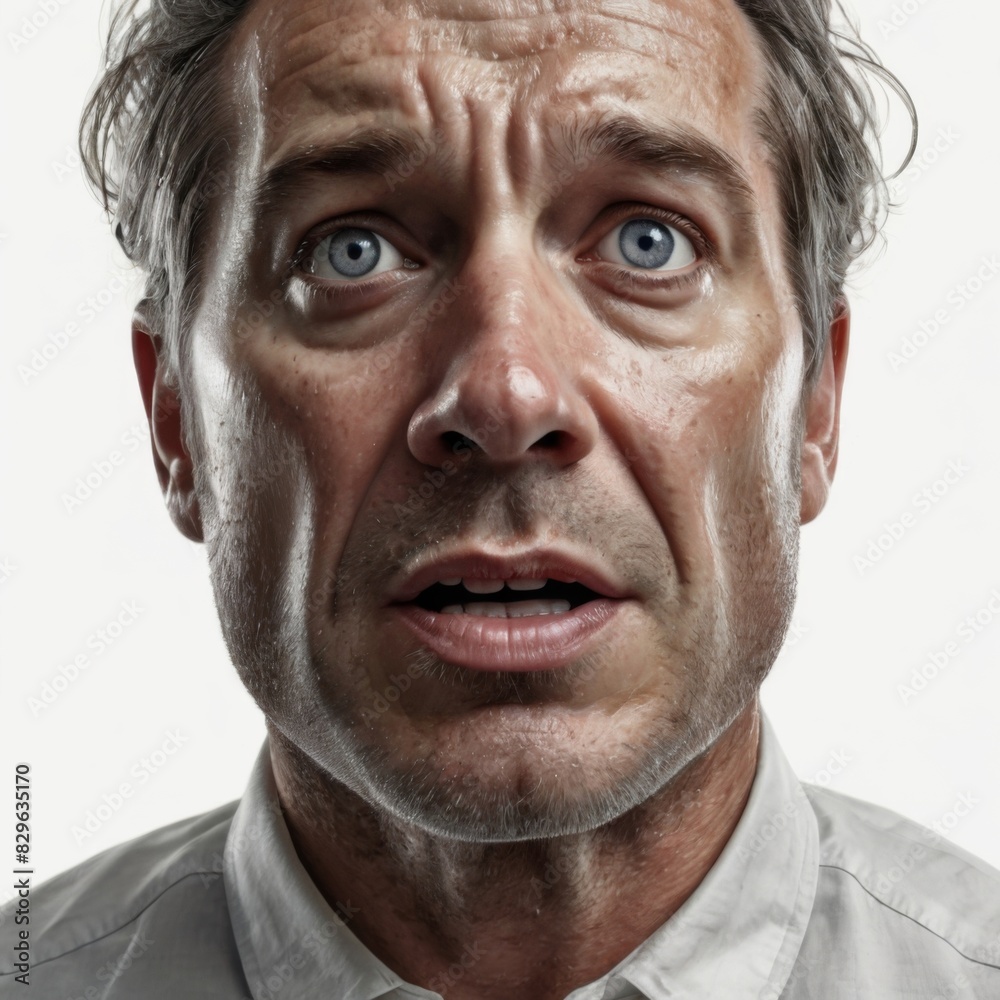 a frightened man on a white background, close-up
a frightened man on a white background, close-up