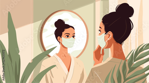 Young woman with face mask looking into mirror spa