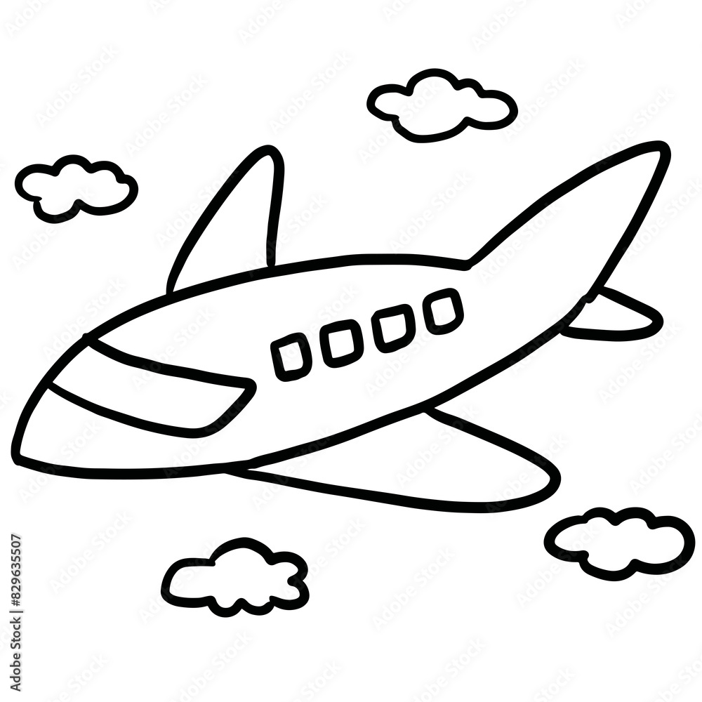 Fototapeta premium Hand drawn plane outlines for transportation, commute, travel, colouring book, trip, vacation, journey, holidays, stickers, logo, icon, post card, print, ad template, standee, campaign badges, tattoo