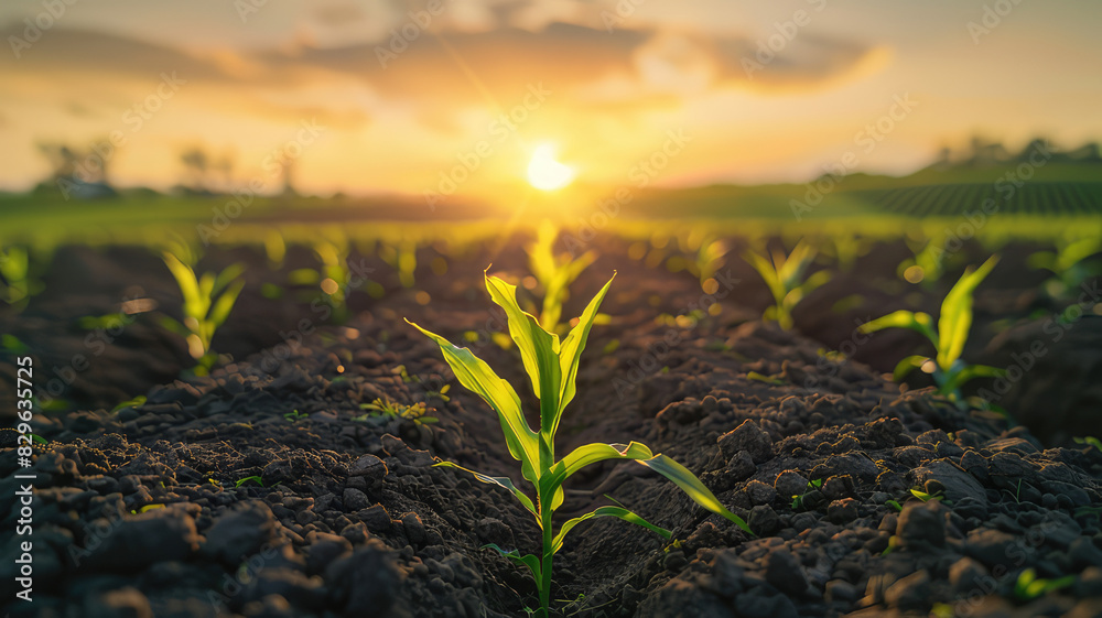 Rows of young corn plants the sunset Green corn