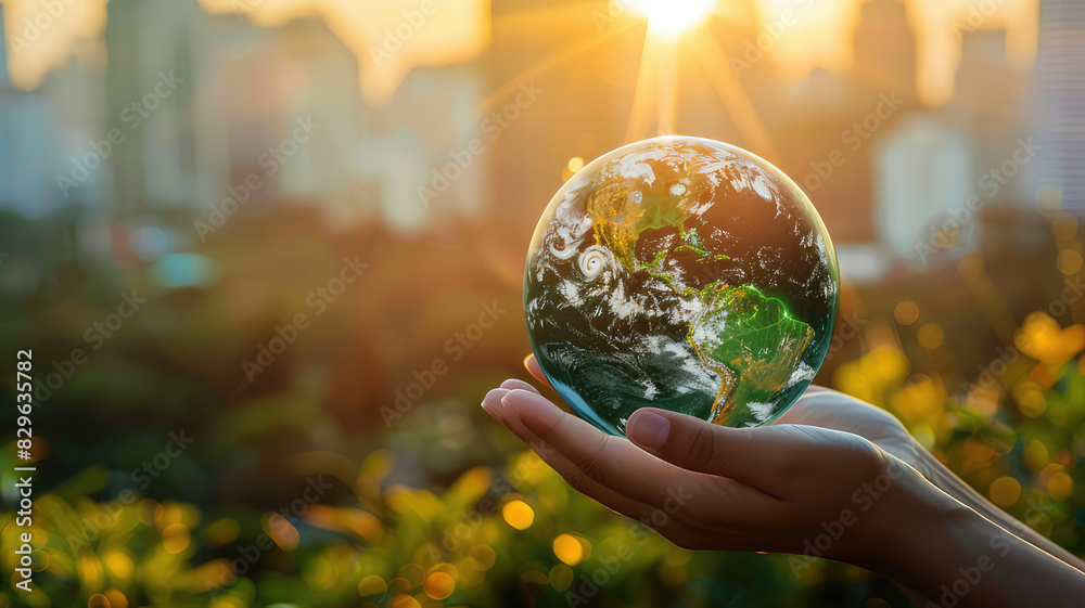 hand holding a glass globe with a green planet and sunlight in a forest background