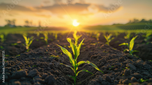 Obraz na płótnie Rows of young corn plants the sunset Green corn w salonie