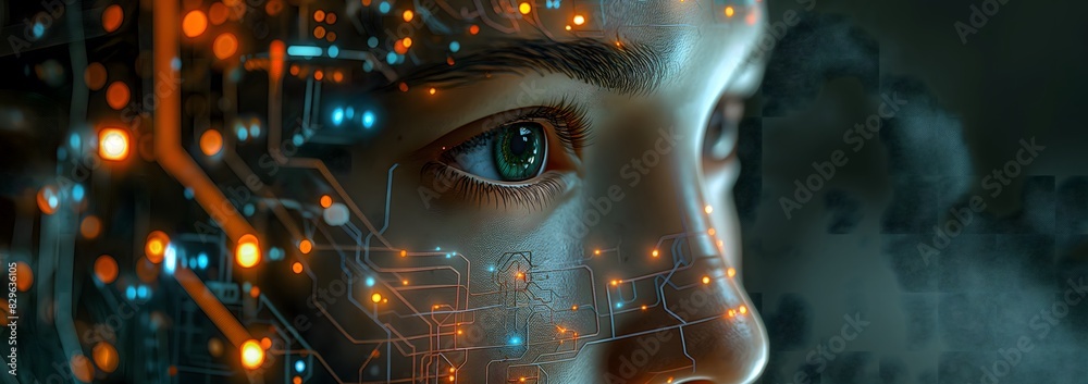 A highly detailed and realistic portrait of an AI humanoid, with intricate mechanical features, set against the backdrop of digital brain waves and circuitry A highly detailed and realistic portrait of an AI humanoid, with intricate mechanical features, set against the backdrop of digital brain waves and circuitry