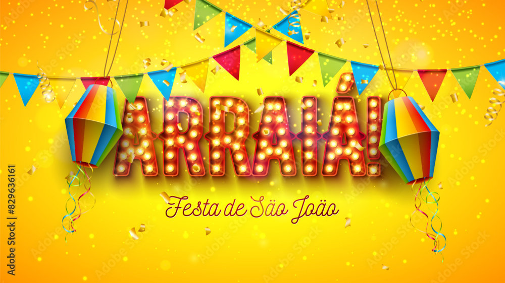 Festa Junina Illustration with Party Flags, Confetti and Arraia Light Bulb Billboard Letter on Yellow Background. Vector Brazil Sao Joao June Festival Design for Greeting Card, Banner or Holiday
