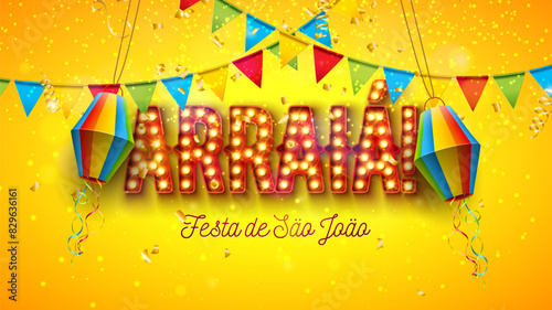 Festa Junina Illustration with Party Flags, Confetti and Arraia Light Bulb Billboard Letter on Yellow Background. Vector Brazil Sao Joao June Festival Design for Greeting Card, Banner or Holiday