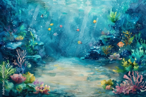 A painting of an underwater scene with aquatic animals and corals.
