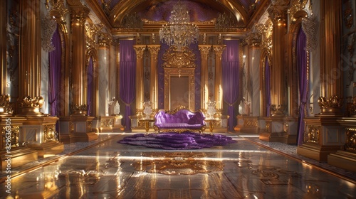 Scene from the castle hall middle east wind purple and gold There is a sofa in the middle, straight perspective, symmetrical left and right, luxurious, trotting, romantic, bright, shiny. photo