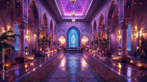 Scene from the castle hall middle east wind purple and gold There is a sofa in the middle, straight perspective, symmetrical left and right, luxurious, trotting, romantic, bright, shiny. photo