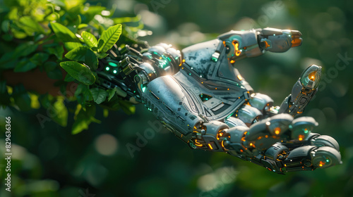 Robotic hand overgrown with moss and leaves, resembling arthropods habitat photo