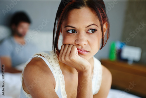 Foto Woman, bored and couple in bedroom for argument, fight or erectile dysfunction p