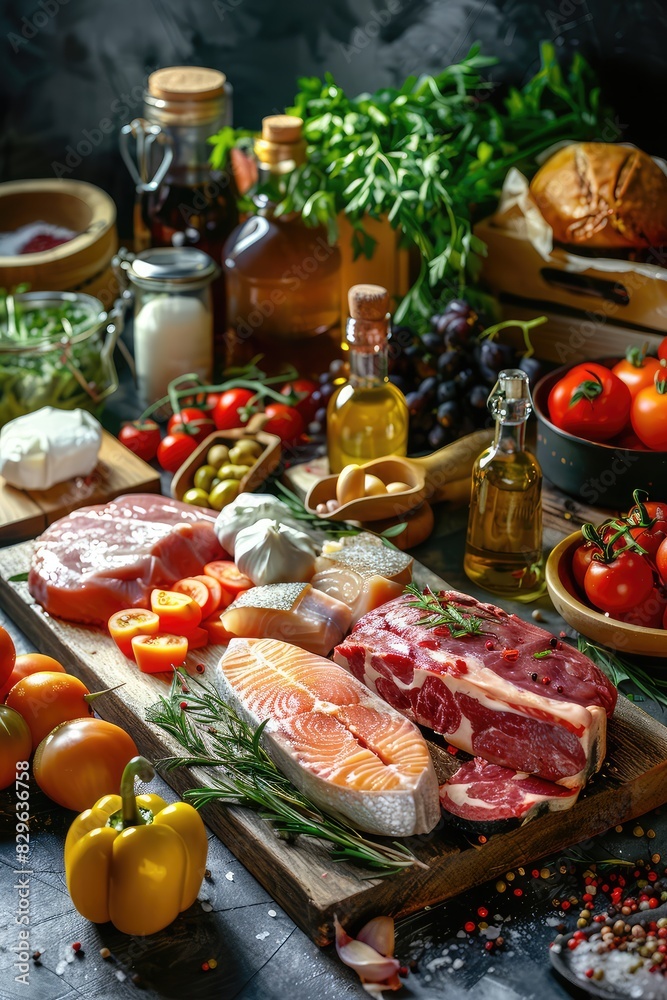 Farm vegetables, meat, fish on the table. Selective focus. Farm vegetables, meat, fish on the table. Selective focus.