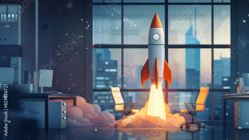 Innovative business success by rocket launching from a modern office