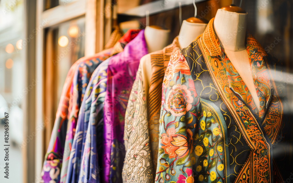 A vibrant and chic display of colorful outfits on mannequins in a boutique shop, showcasing intricate designs and detailed embroidery.