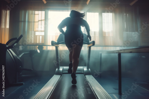 Overweight woman runs on treadmill in gym  motion blur effect