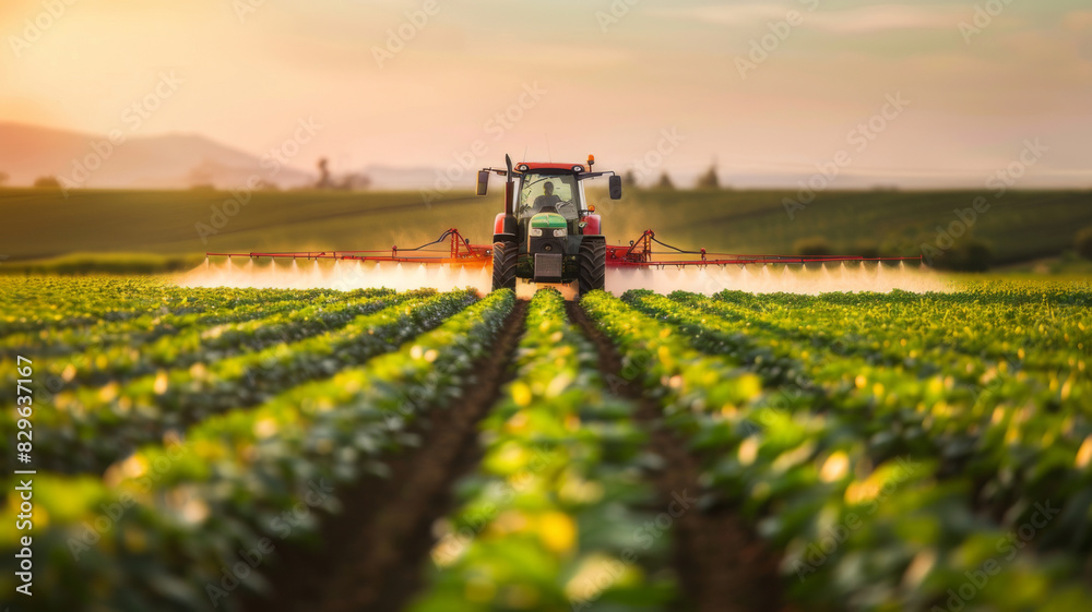 Tractor spraying pesticides in morning on soybean field Tractor spraying pesticides in morning on soybean field