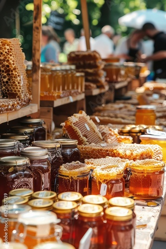 Honey and bee products on the market. Selective focus.