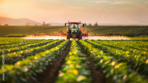 Tractor spraying pesticides in morning on soybean field © wiparat