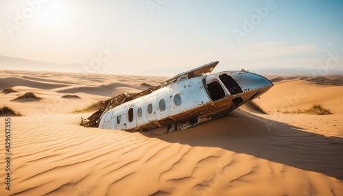 skull on the sand, person in desert, station in the desert, sand dunes in the desert, car in the desert, Derelict spaceship lies halfburied in the sandy dunes of a vast desert, under a warm, hazy sky photo