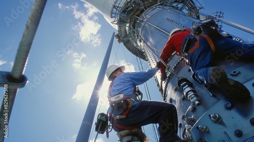 A lole shot of workers installing the final bolts on the base of the turbine tower as it reaches towards the sky. photo