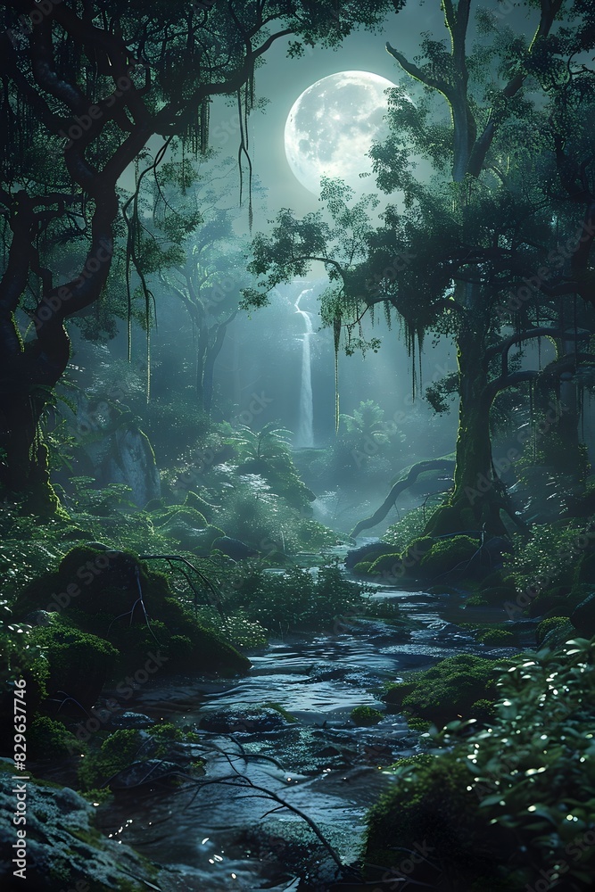 Enchanting Moonlit Forest Oasis:A Tranquil Ethereal Landscape of Misty Streams and Ancient Moss-Covered Oaks