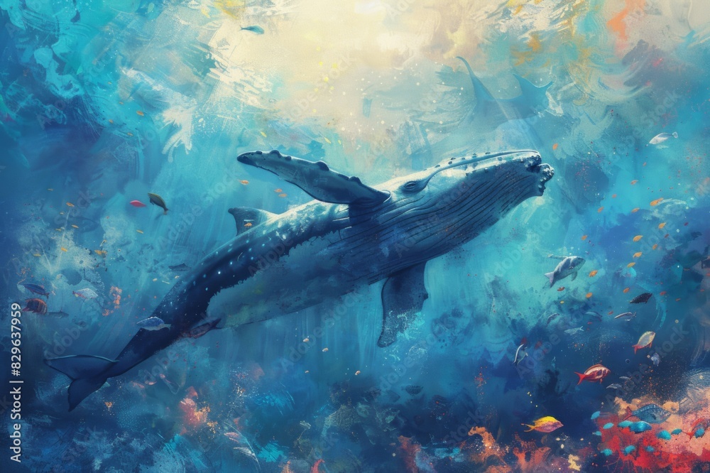Fototapeta premium An oil painting of a whale. A painting of a whale from a lower angle with sunlight penetrating the sea from above.