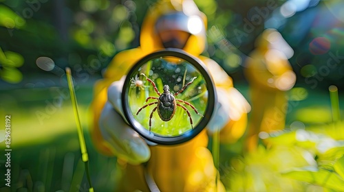 A man in a protective suit sprays the grass against ticks. Selective focus. photo